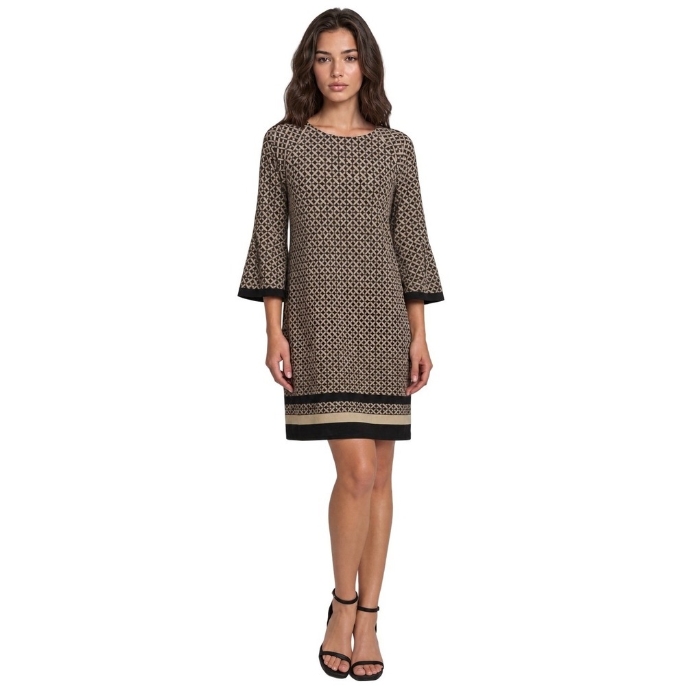 NEW Chicos Dress Womens Size Medium Irish Cream Black Geo Bell Sleeve No Wrinkle